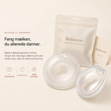 Relievoo breast milk collectors with their storage pouch and use and care card on a cream background rvpumpen rvhasar