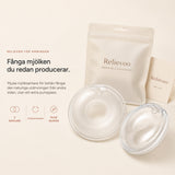 Relievoo breast milk collectors with their storage pouch and use and care card on a cream background rvpumpen rvhasar