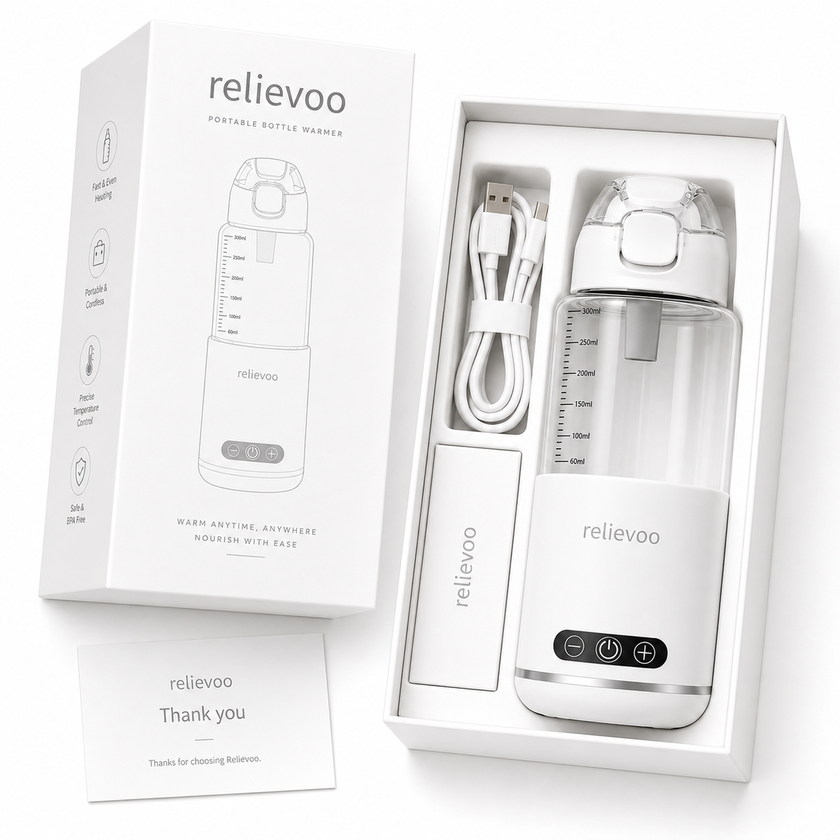 Relievoo Portable Bottle Warmer Pro unboxing — what's included: cordless warmer, USB-C charging cable, quick-start guide and thank-you card
