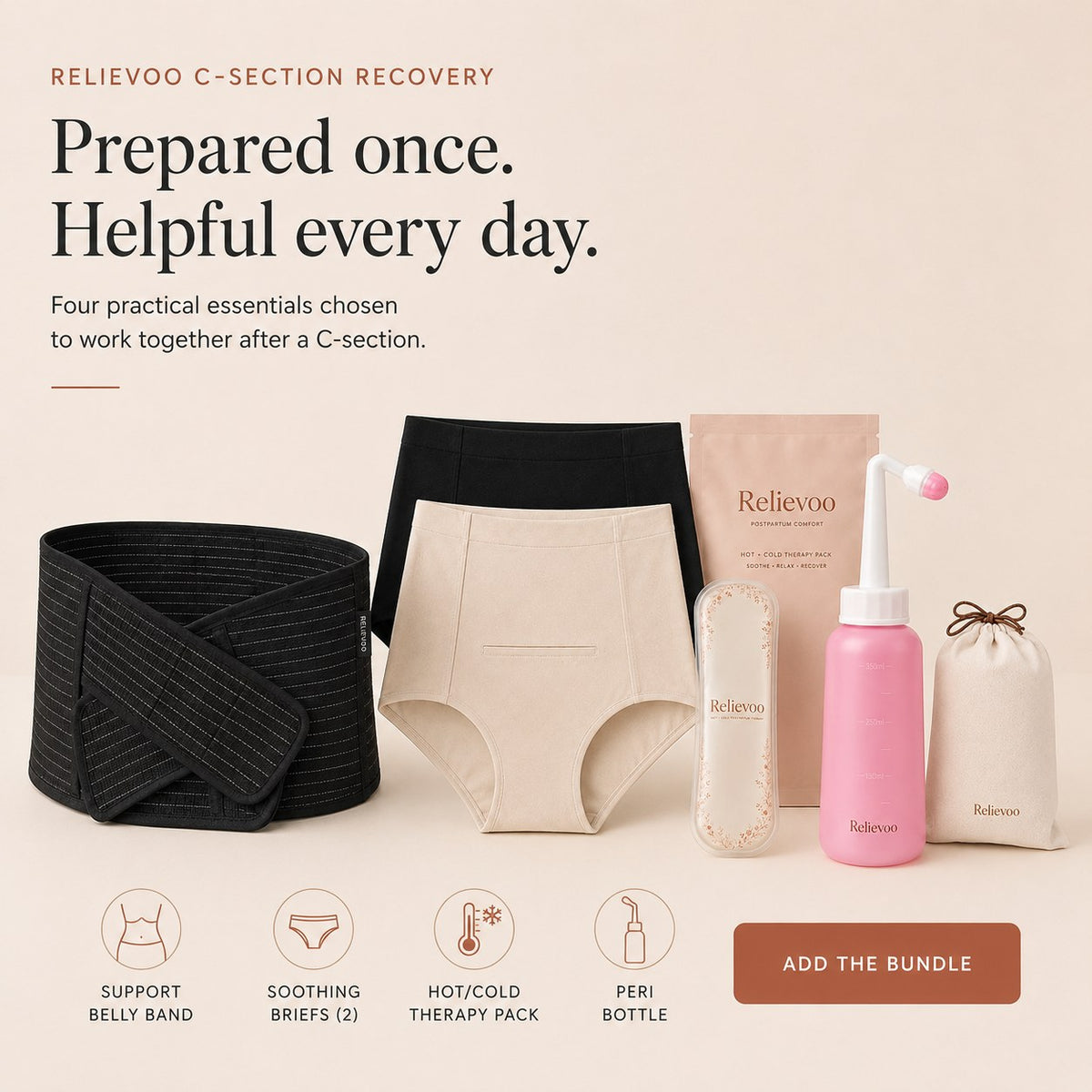 The complete Relievoo C-section recovery bundle laid out: belly band, two briefs, therapy pack and peri bottle rvpumpen rvhasar
