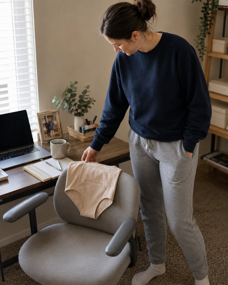 Femme à son bureau posant la culotte apaisante beige sur le dossier de sa chaise