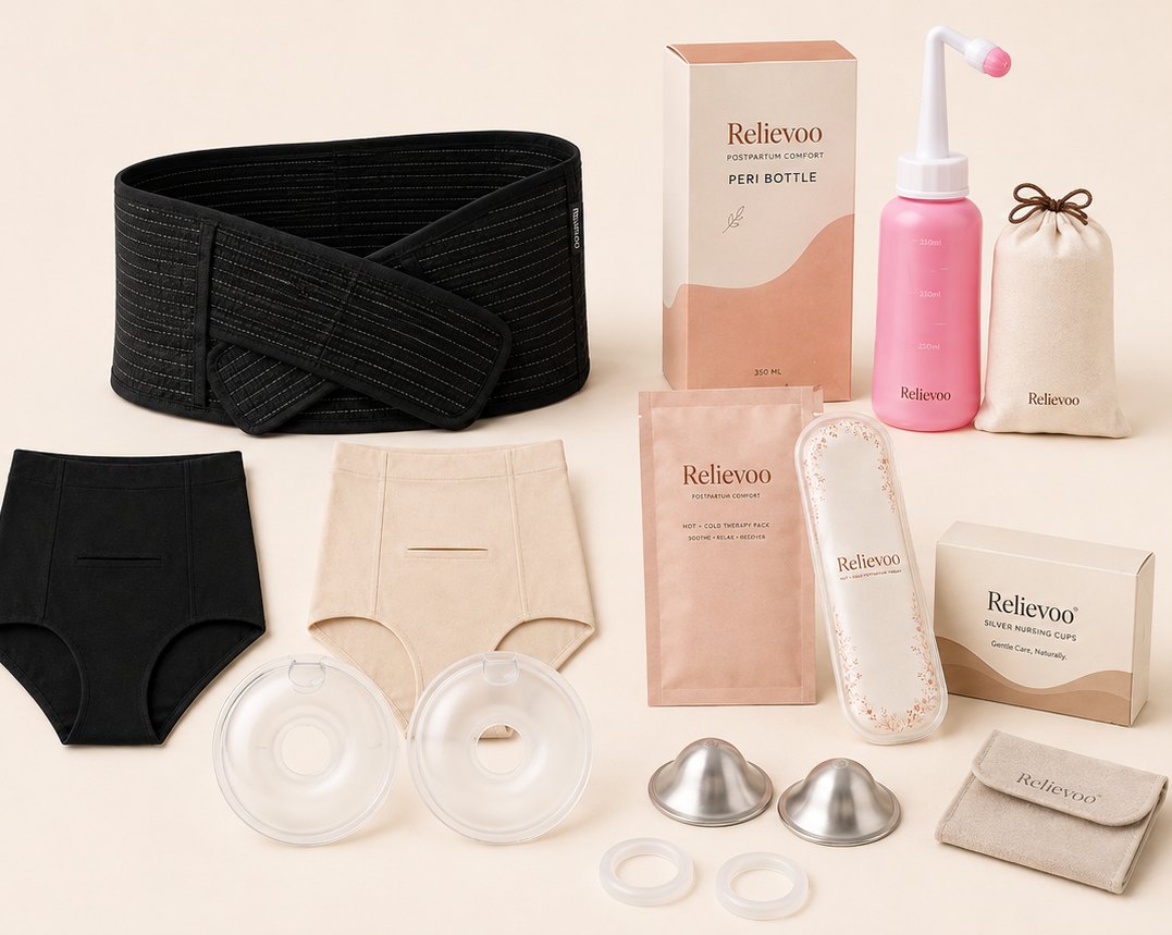 The complete Relievoo postpartum recovery bundle laid out with its peri bottle box and pouches
