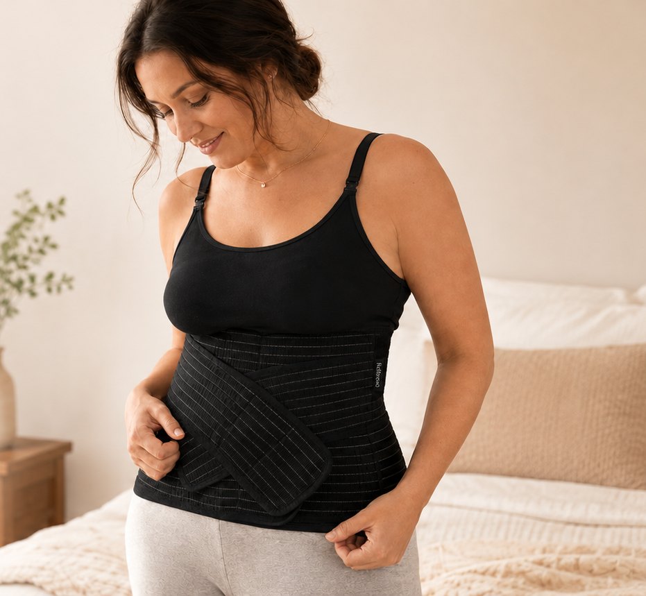Woman adjusting the black Relievoo postpartum belly band from the complete recovery bundle