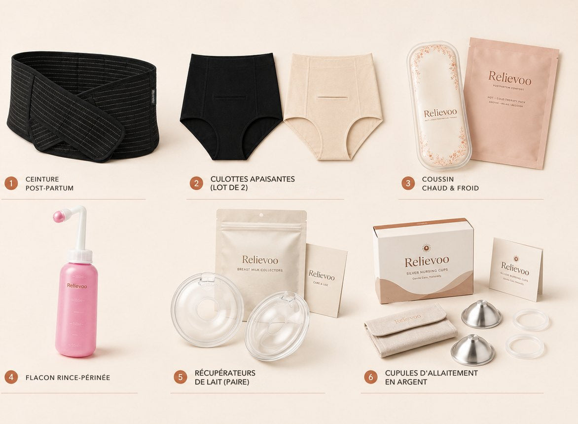 Les six articles du coffret Relievoo complet, numérotés de un à six : ceinture post-partum, culottes apaisantes (lot de 2), coussin chaud et froid, flacon rince-périnée, récupérateurs de lait et cupules en argent