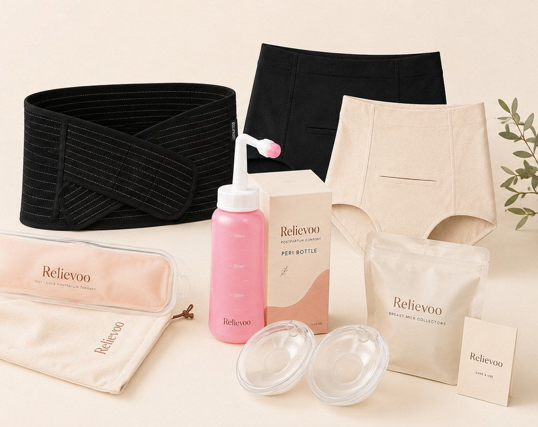 The complete Relievoo postpartum recovery essentials bundle laid out with its peri bottle box and pouches