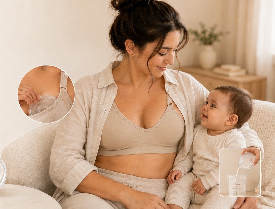 Mother feeding her baby while wearing a Relievoo milk collector inside her nursing bra