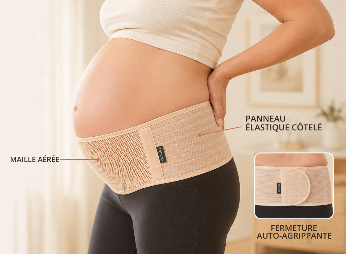 Ceinture de grossesse Relievoo avec ses légendes : maille aérée, panneau élastique côtelé et fermeture auto-agrippante