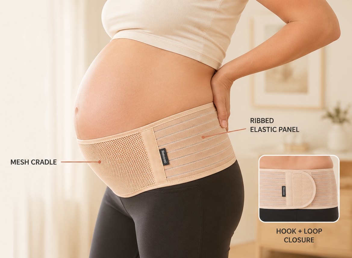 Relievoo pregnancy support belt labelled with its mesh cradle, ribbed elastic panel and hook and loop closure