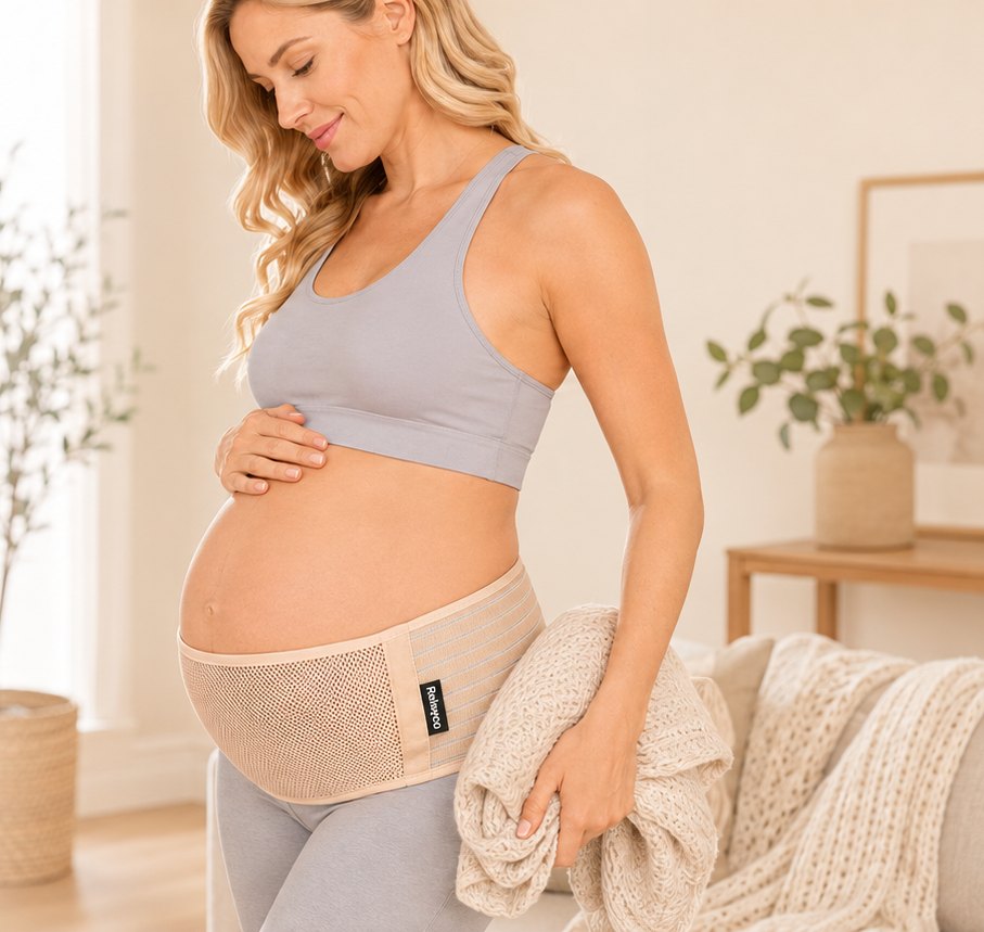 Pregnant woman wearing the tan Relievoo pregnancy support belt while holding a blanket