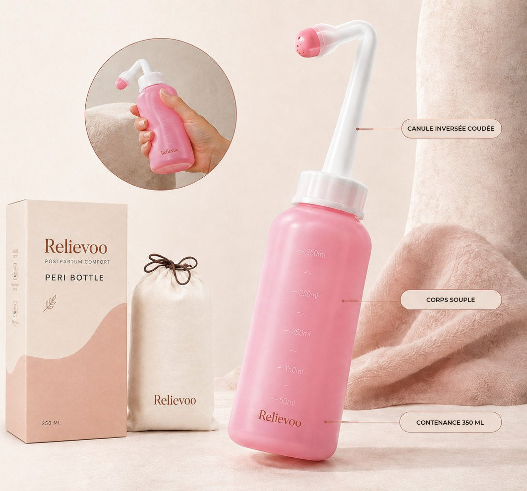 Flacon rince-périnée Relievoo avec sa canule inversée coudée, son corps souple et sa contenance de 350 ml, à côté de sa boîte et de sa pochette