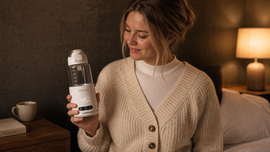 Mum at hotel-style nightstand holding the cordless bottle warmer