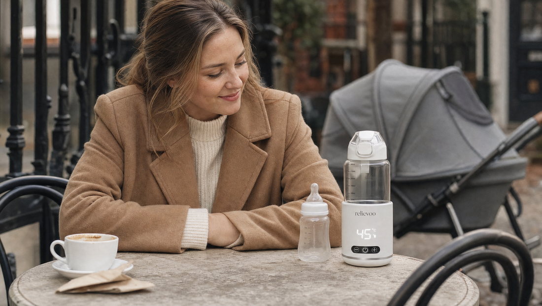 Mum at London cafe table with cordless bottle warmer and baby bottle