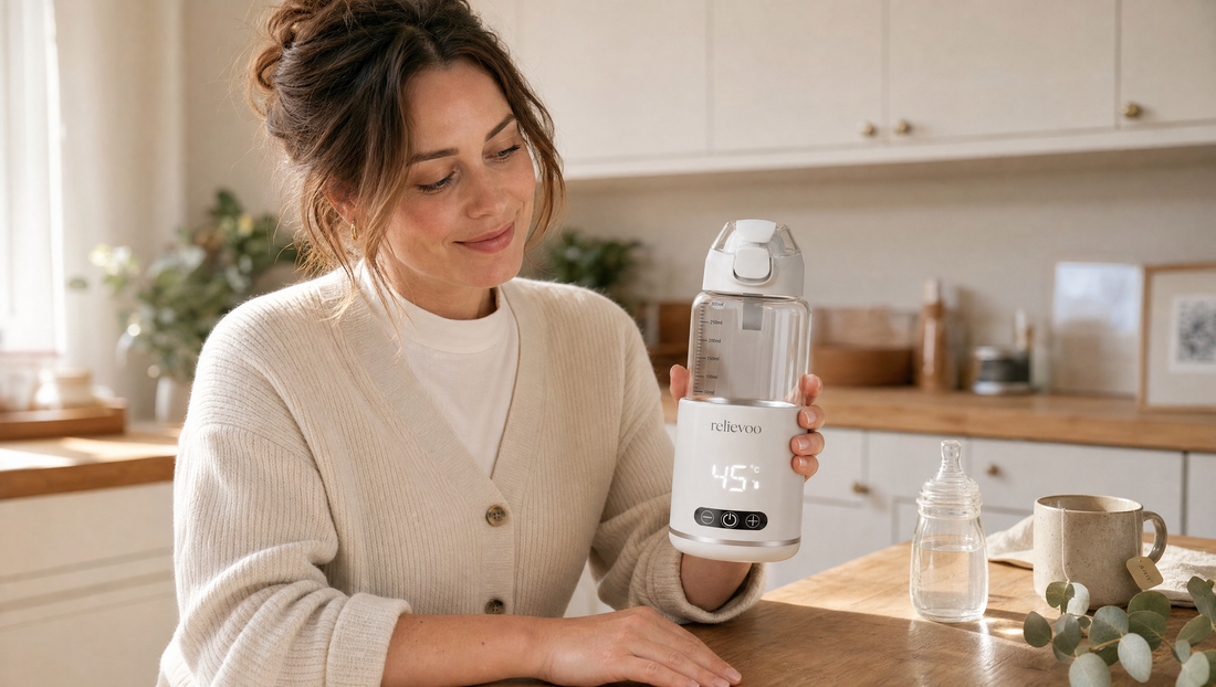 Mum in modern UK kitchen holding the cordless bottle warmer