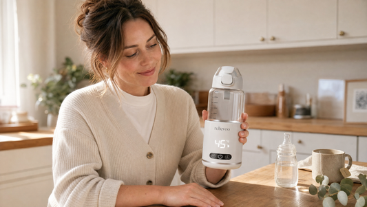 Mum in modern UK kitchen holding the cordless bottle warmer