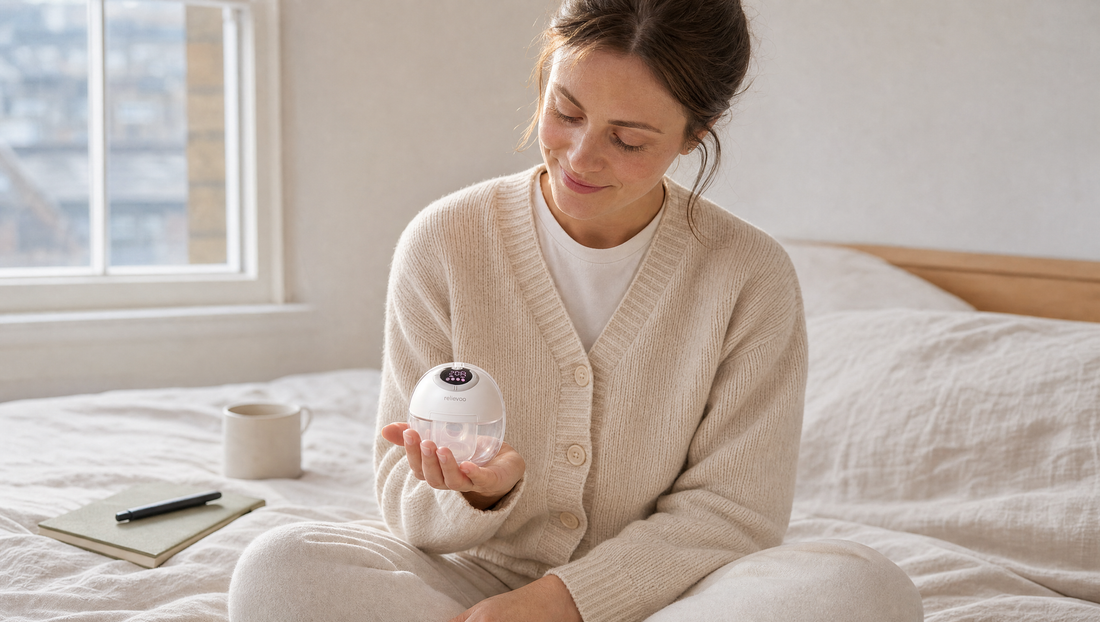 Mum cross-legged on linen bed reviewing the wearable pump