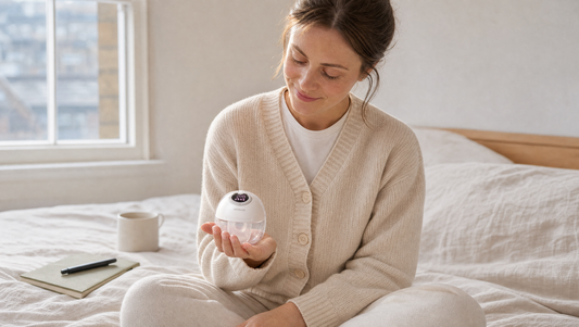 Mum cross-legged on linen bed reviewing the wearable pump