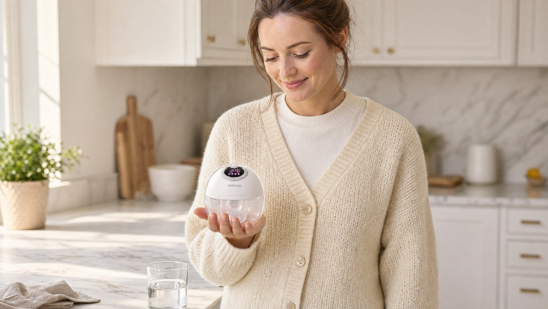 Mum at marble kitchen counter holding the wearable pump on her palm