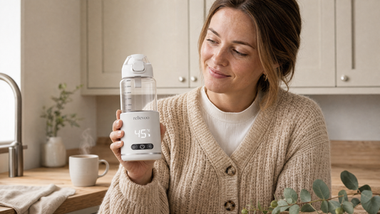 Mum at modern UK kitchen counter holding the cordless bottle warmer
