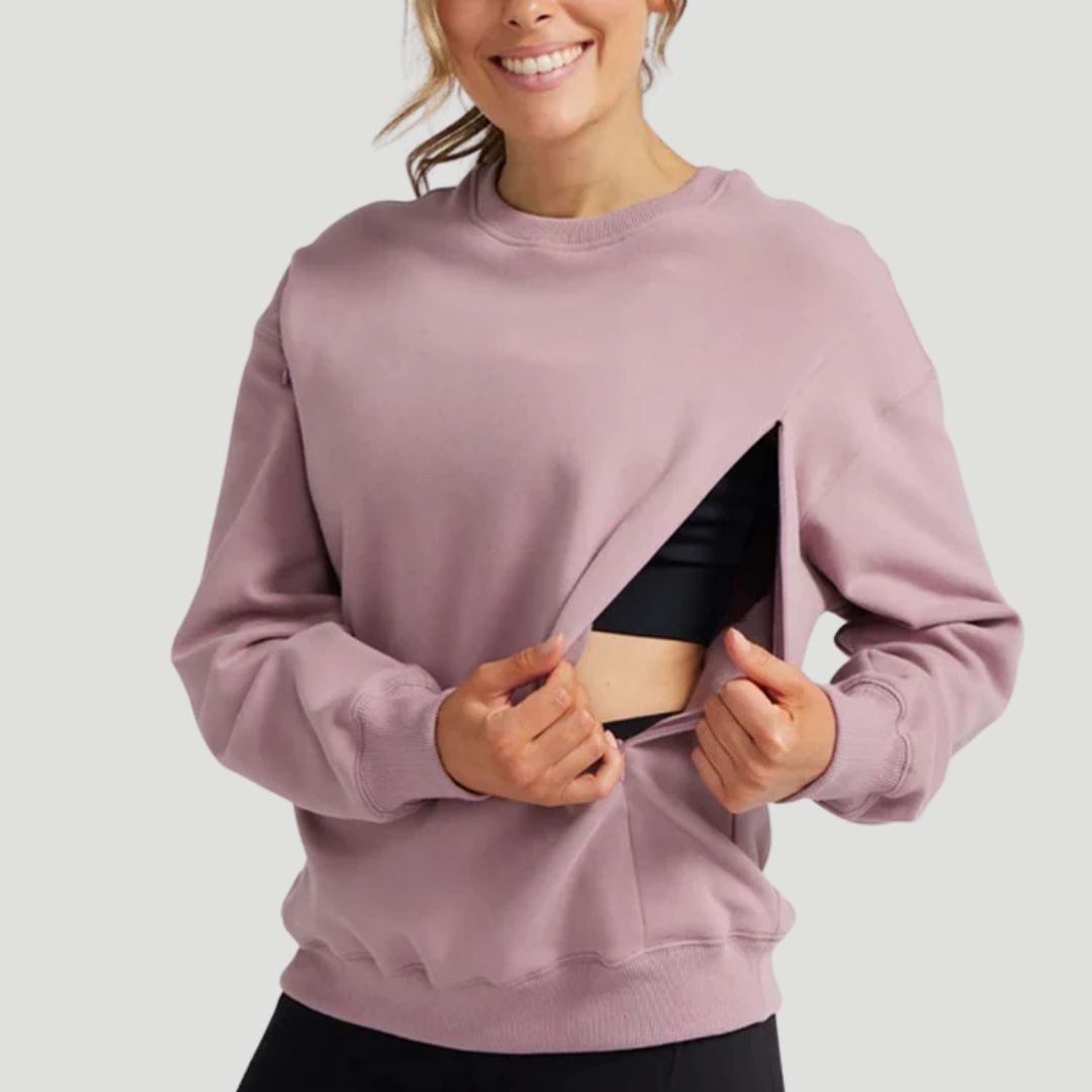 Dusty mauve nursing pullover feeding-access detail for discreet breastfeeding – Relievoo