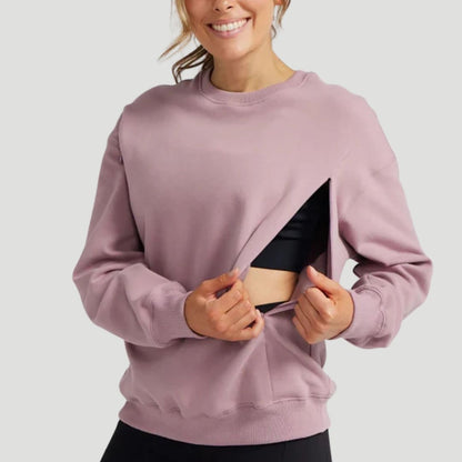 Dusty mauve nursing pullover feeding-access detail for discreet breastfeeding – Relievoo