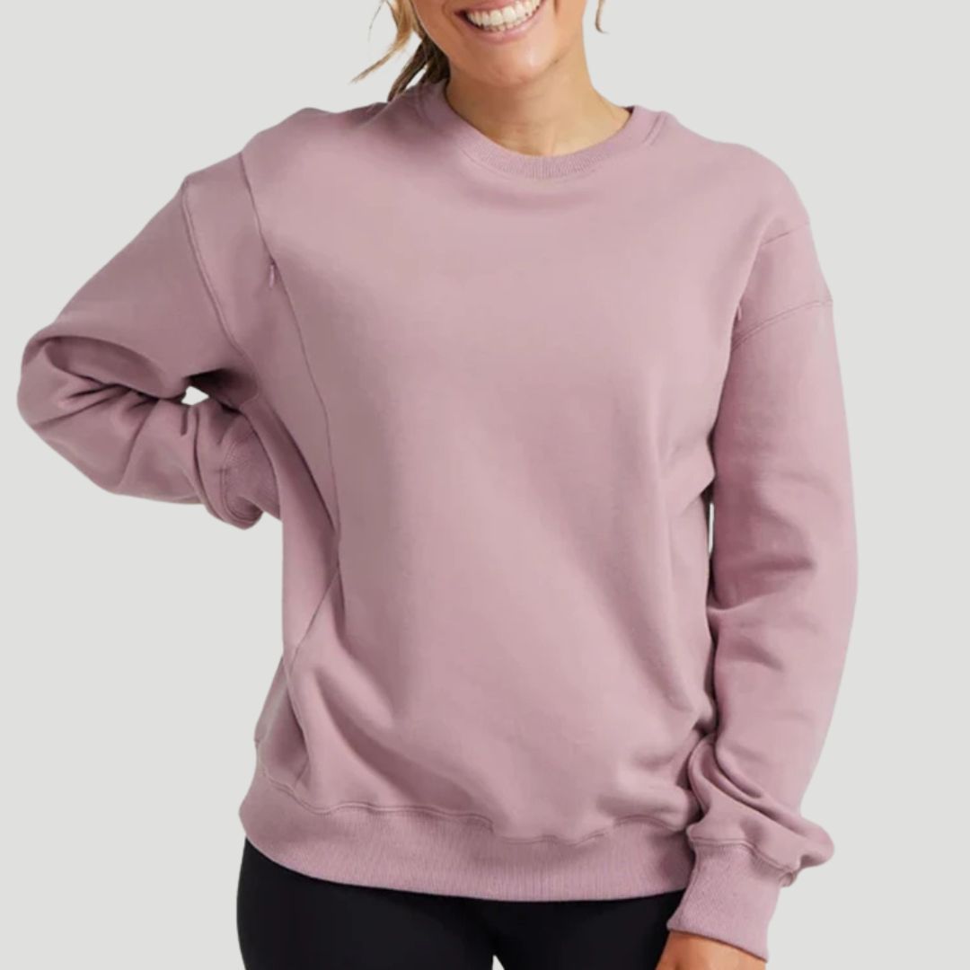 Back view of the dusty mauve nursing pullover, a cosy breastfeeding top – Relievoo