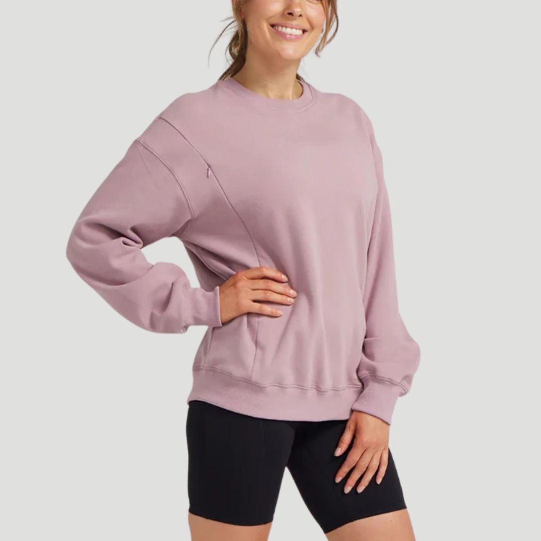 Dusty mauve nursing pullover laid flat, an everyday breastfeeding top – Relievoo