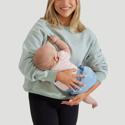 Soft green nursing pullover, a cosy breastfeeding top with easy feeding access – Relievoo