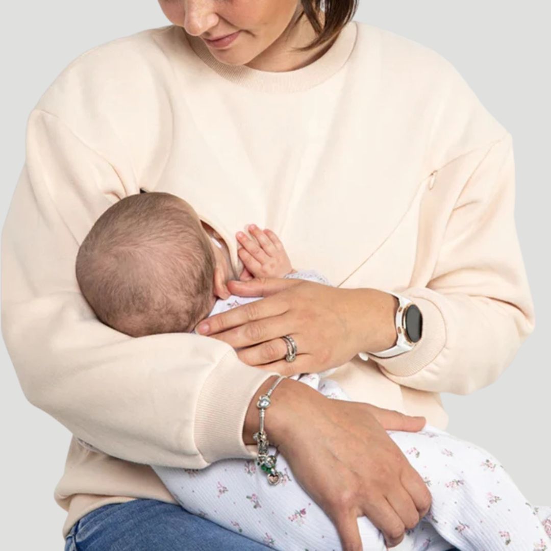 Warm beige nursing pullover, a cosy breastfeeding top with easy feeding access – Relievoo