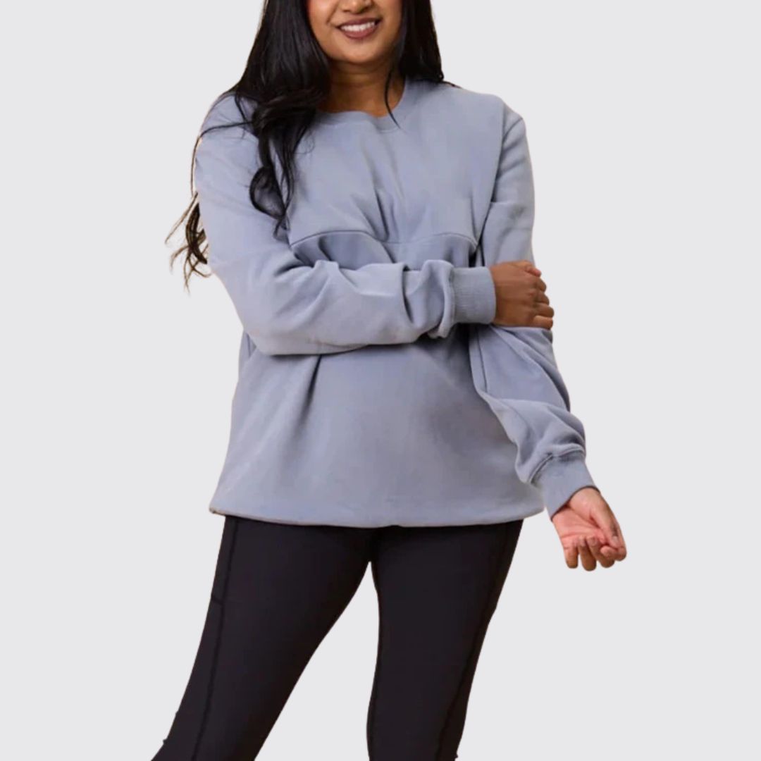 Close-up of the dusty blue nursing sweatshirt feeding opening for breastfeeding – Relievoo