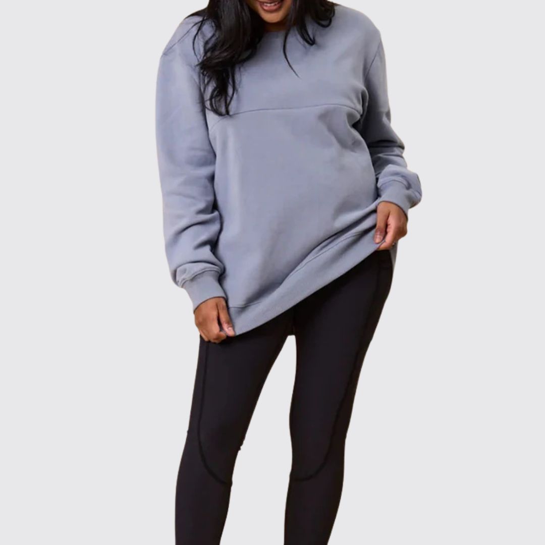 Dusty blue nursing sweatshirt laid flat, a warm breastfeeding top for everyday wear – Relievoo