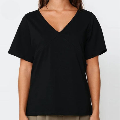 Close-up of the black V-neck nursing tee feeding opening for breastfeeding – Relievoo
