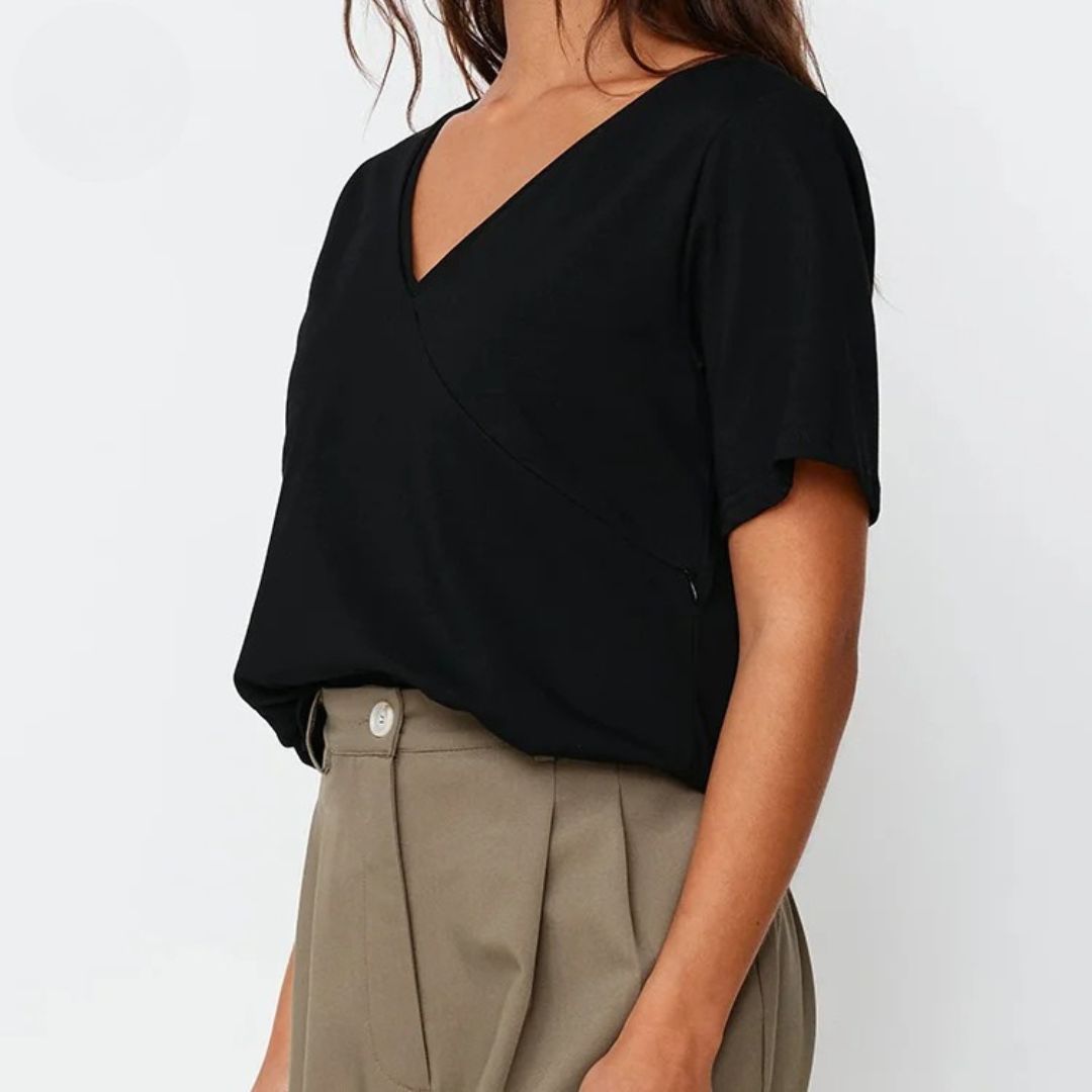 Back view of the black V-neck nursing tee, a soft everyday nursing top – Relievoo