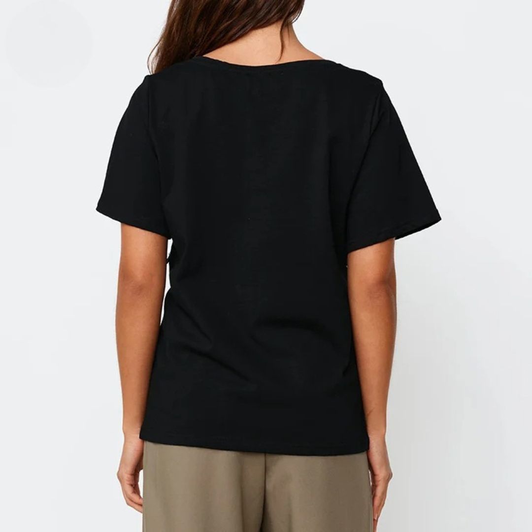 Black V-neck nursing tee laid flat, a breastfeeding top for everyday wear – Relievoo