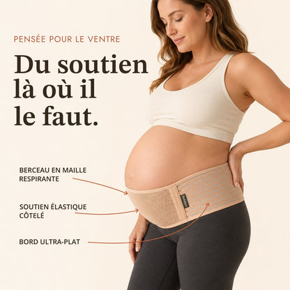 Ceinture de grossesse Relievoo légendée : berceau en maille respirante, soutien élastique côtelé, bord ultra-plat
