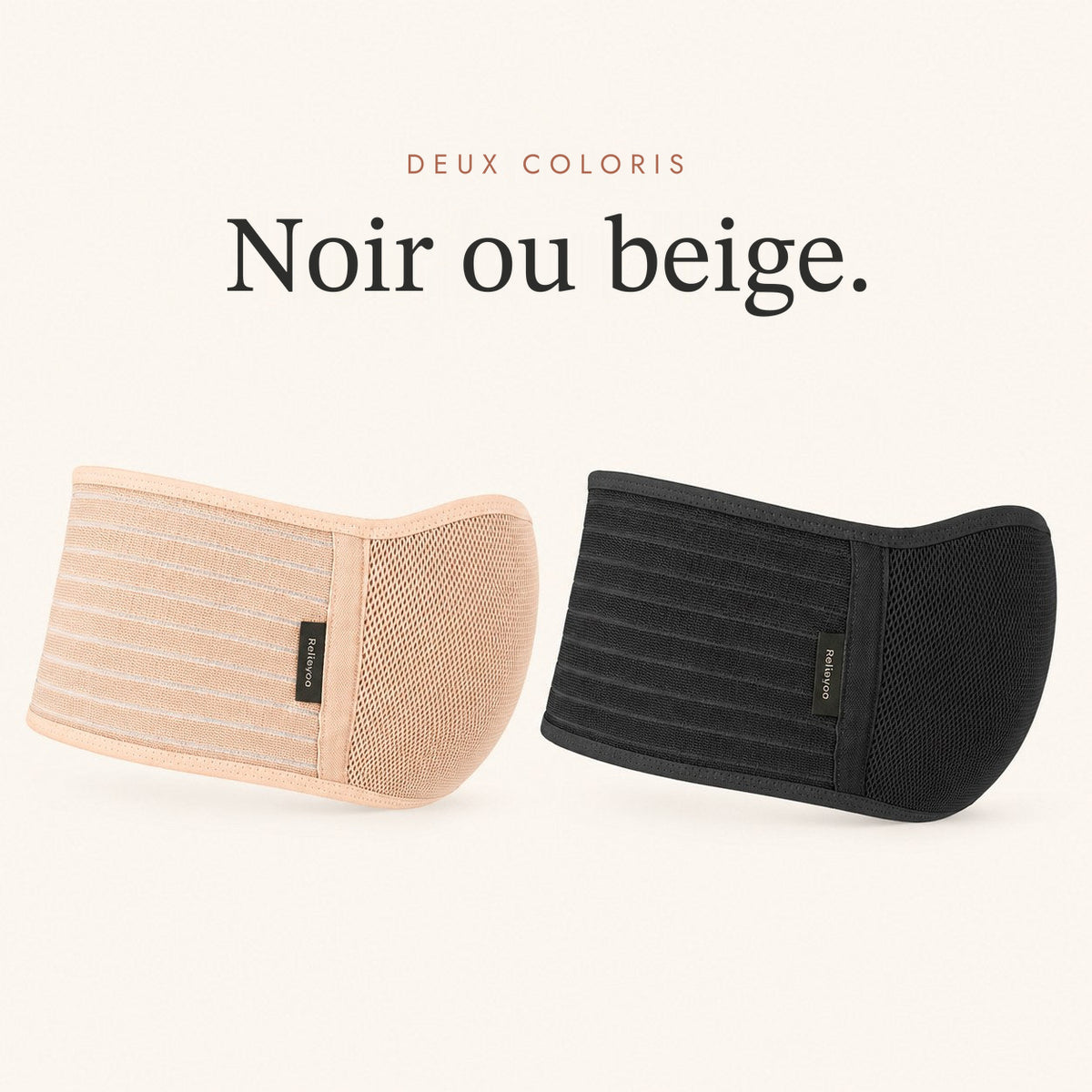 La ceinture de grossesse Relievoo en beige et en noir côte à côte sur fond crème