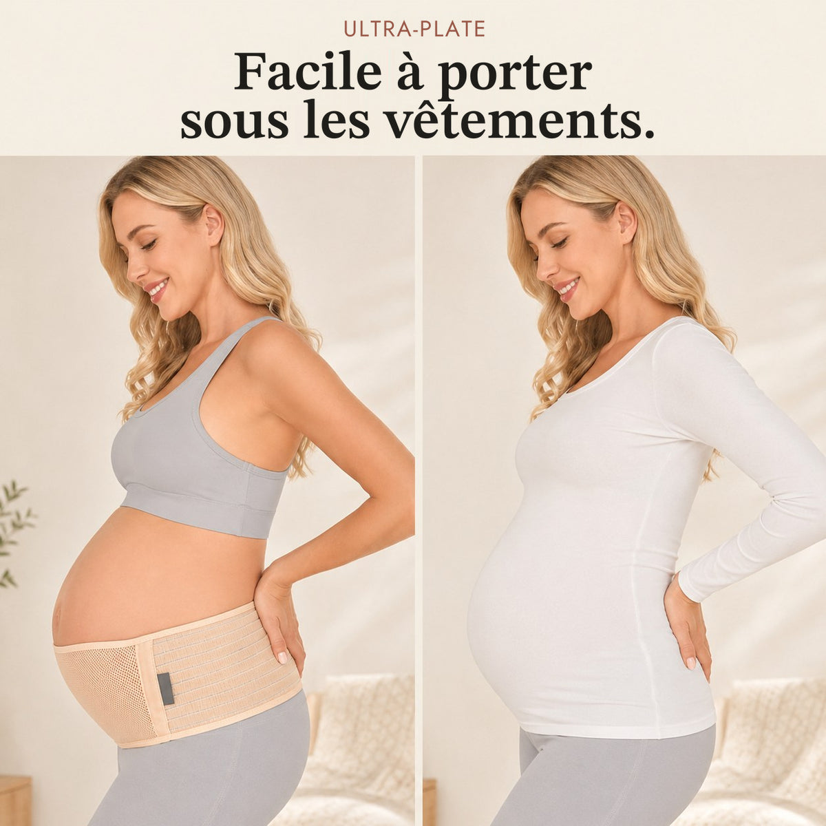 La ceinture de grossesse Relievoo portée à même la peau puis cachée sous un haut à manches longues