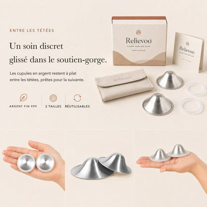 Cupules d'allaitement en argent 999 Relievoo avec leur boîte, leur pochette et leurs joints en silicone