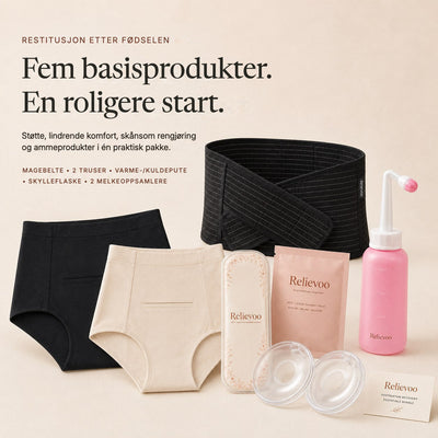 The five Relievoo postpartum recovery essentials laid out together: belly band, two soothing briefs, therapy pack, peri bottle and two milk collectors rvpumpen rvhasar