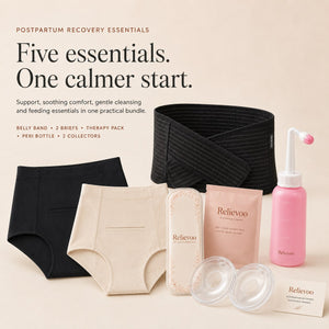 The five Relievoo postpartum recovery essentials laid out together: belly band, two soothing briefs, therapy pack, peri bottle and two milk collectors rvpumpen rvhasar