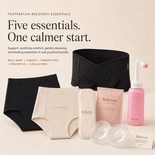 The five Relievoo postpartum recovery essentials laid out together: belly band, two soothing briefs, therapy pack, peri bottle and two milk collectors rvpumpen rvhasar