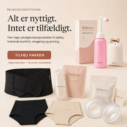 The complete Relievoo postpartum recovery essentials bundle with its peri bottle box, therapy pack, briefs, belly band and milk collectors rvpumpen rvhasar