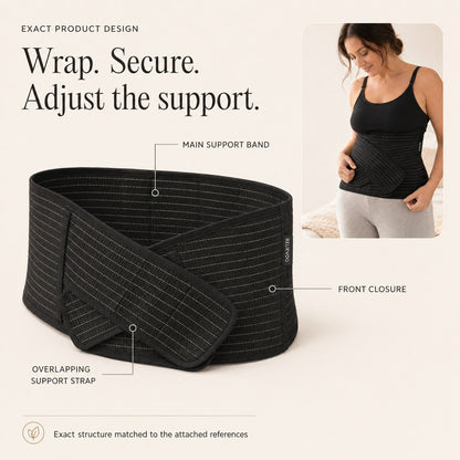 Relievoo postpartum support belt labelled with its main support band, front closure and overlapping support strap rvpumpen rvhasar