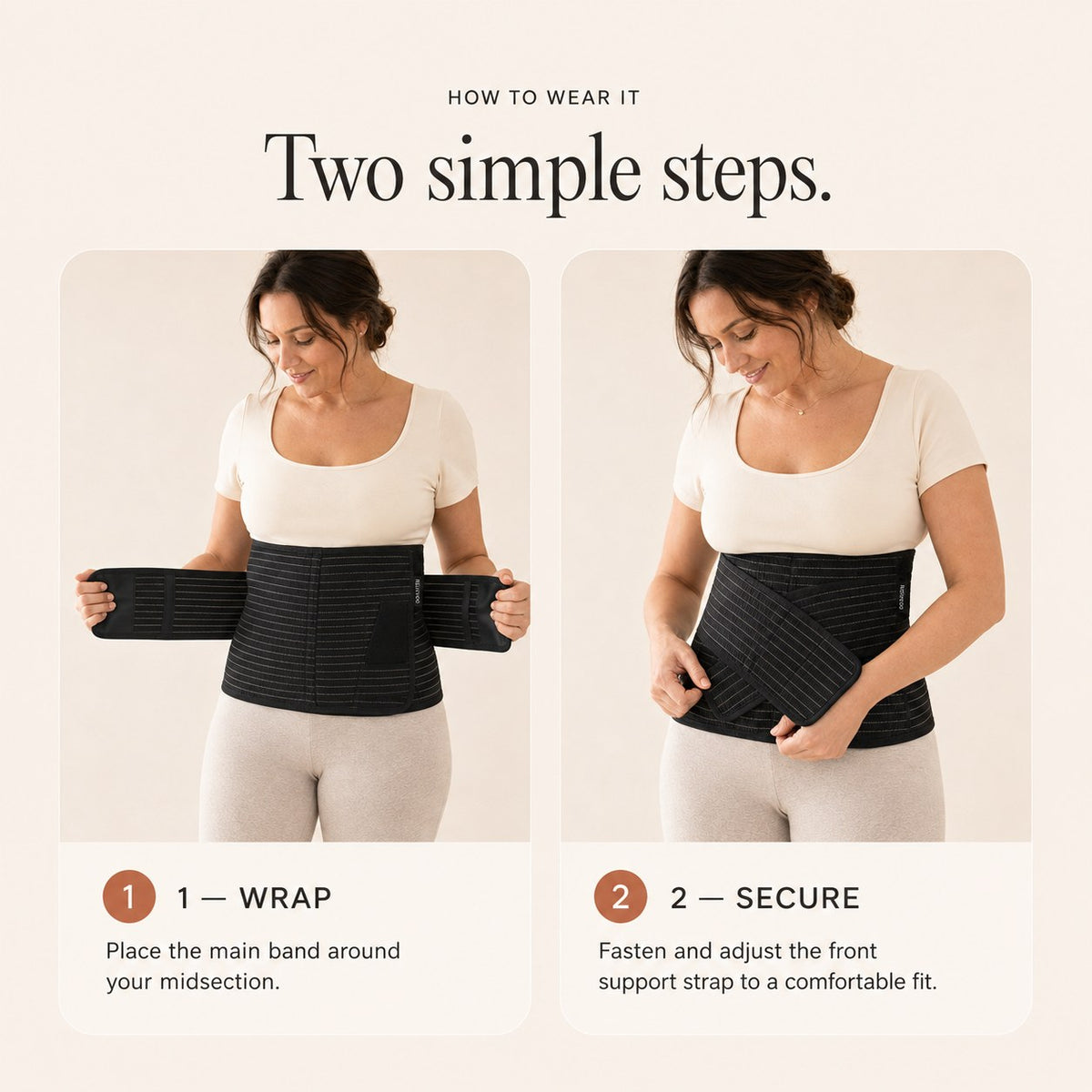 Two steps to wear the Relievoo postpartum belt: wrap the main band around your midsection, then fasten the front support strap rvpumpen rvhasar