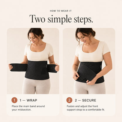 Two steps to wear the Relievoo postpartum belt: wrap the main band around your midsection, then fasten the front support strap rvpumpen rvhasar