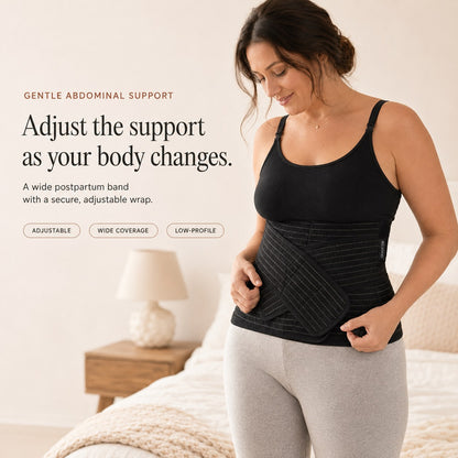 Woman wearing the black Relievoo postpartum belly band from the bundle, adjusting the front support strap rvpumpen rvhasar