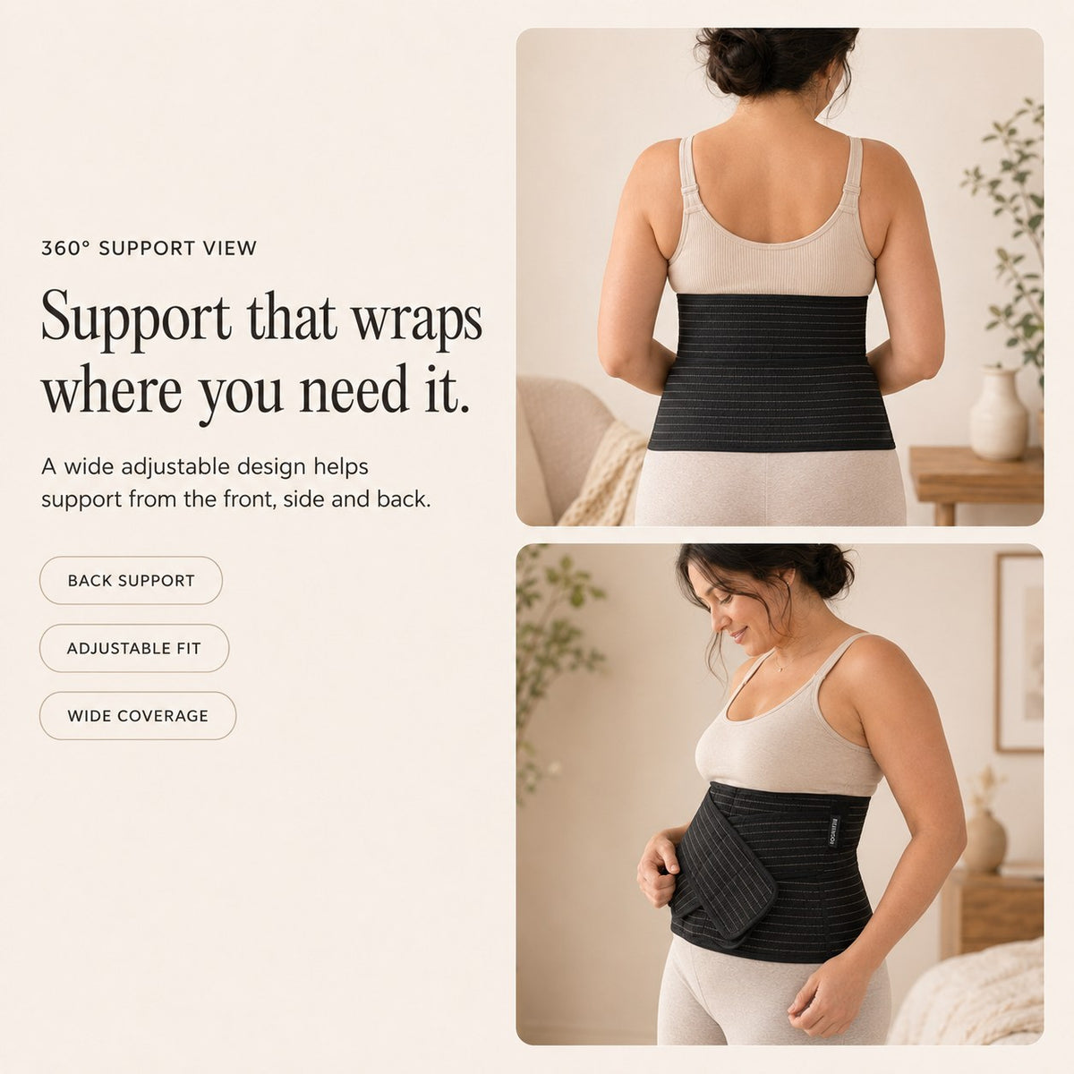 Back and side views of the black Relievoo postpartum belt showing its wide adjustable coverage rvpumpen rvhasar