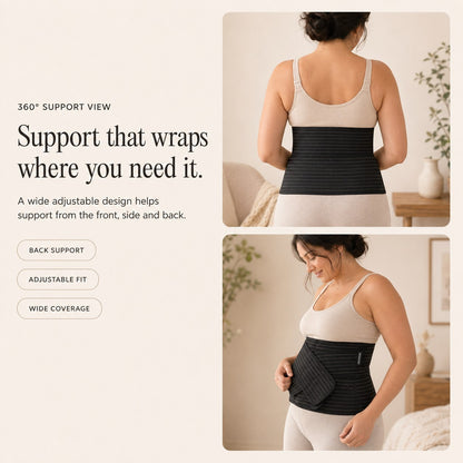 Back and side views of the black Relievoo postpartum belt showing its wide adjustable coverage rvpumpen rvhasar