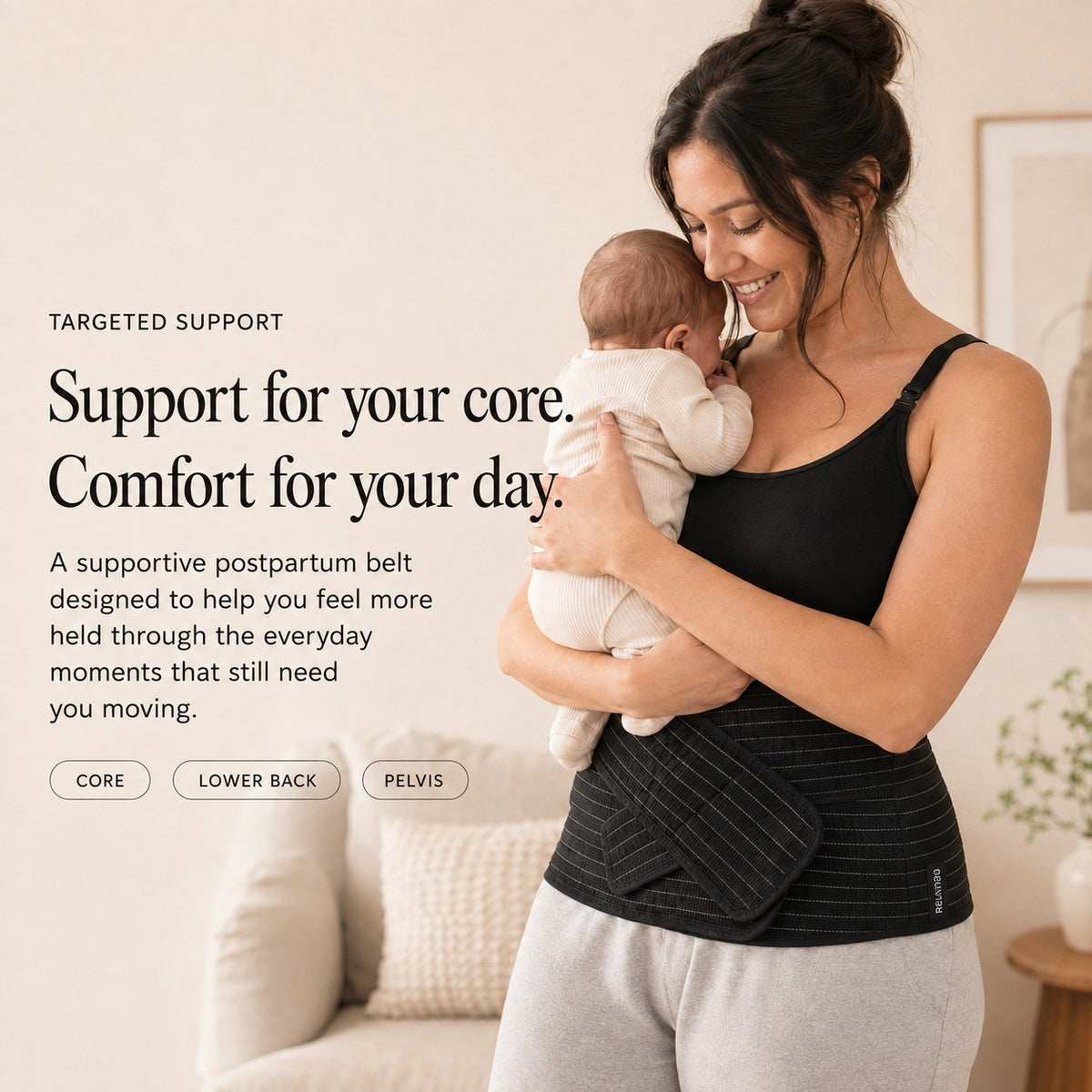 Mother holding her newborn while wearing the black Relievoo postpartum support belt rvpumpen rvhasar