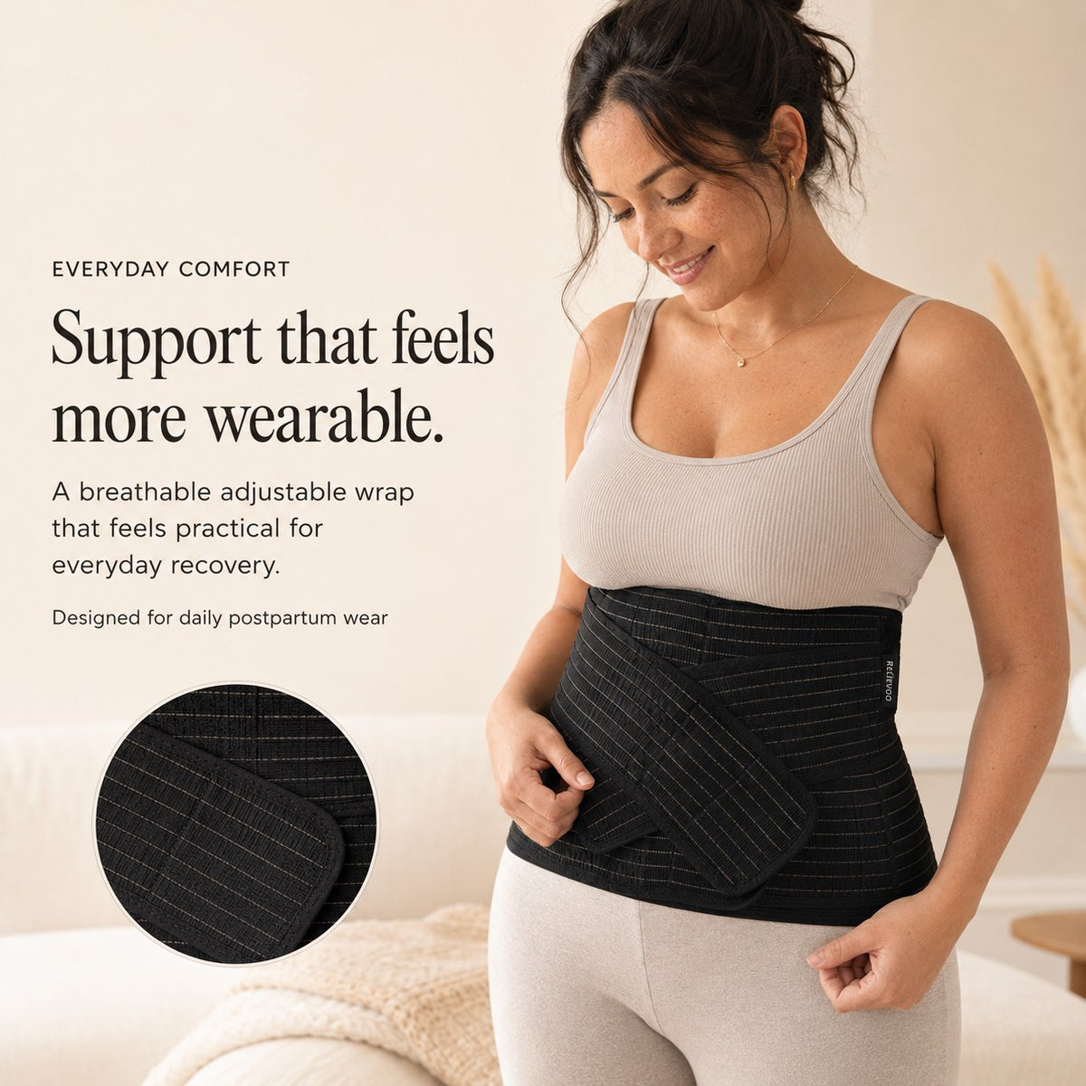 Woman wearing the black Relievoo postpartum belt with a close-up of the breathable striped fabric rvpumpen rvhasar