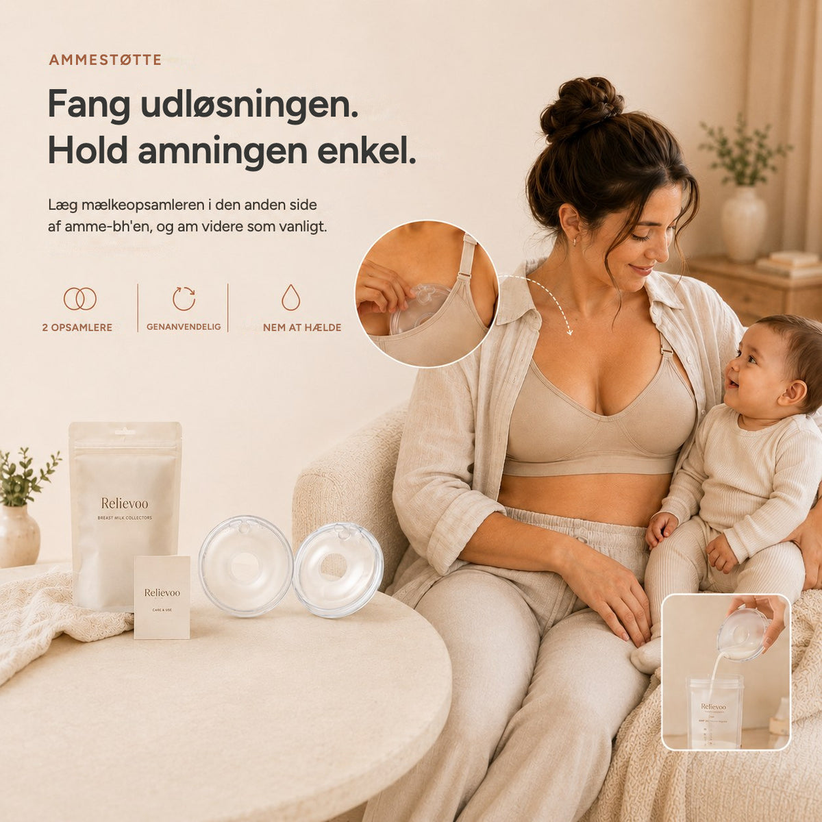 Mother feeding her baby while wearing a Relievoo milk collector inside her nursing bra, with the pair of collectors on the table rvpumpen rvhasar